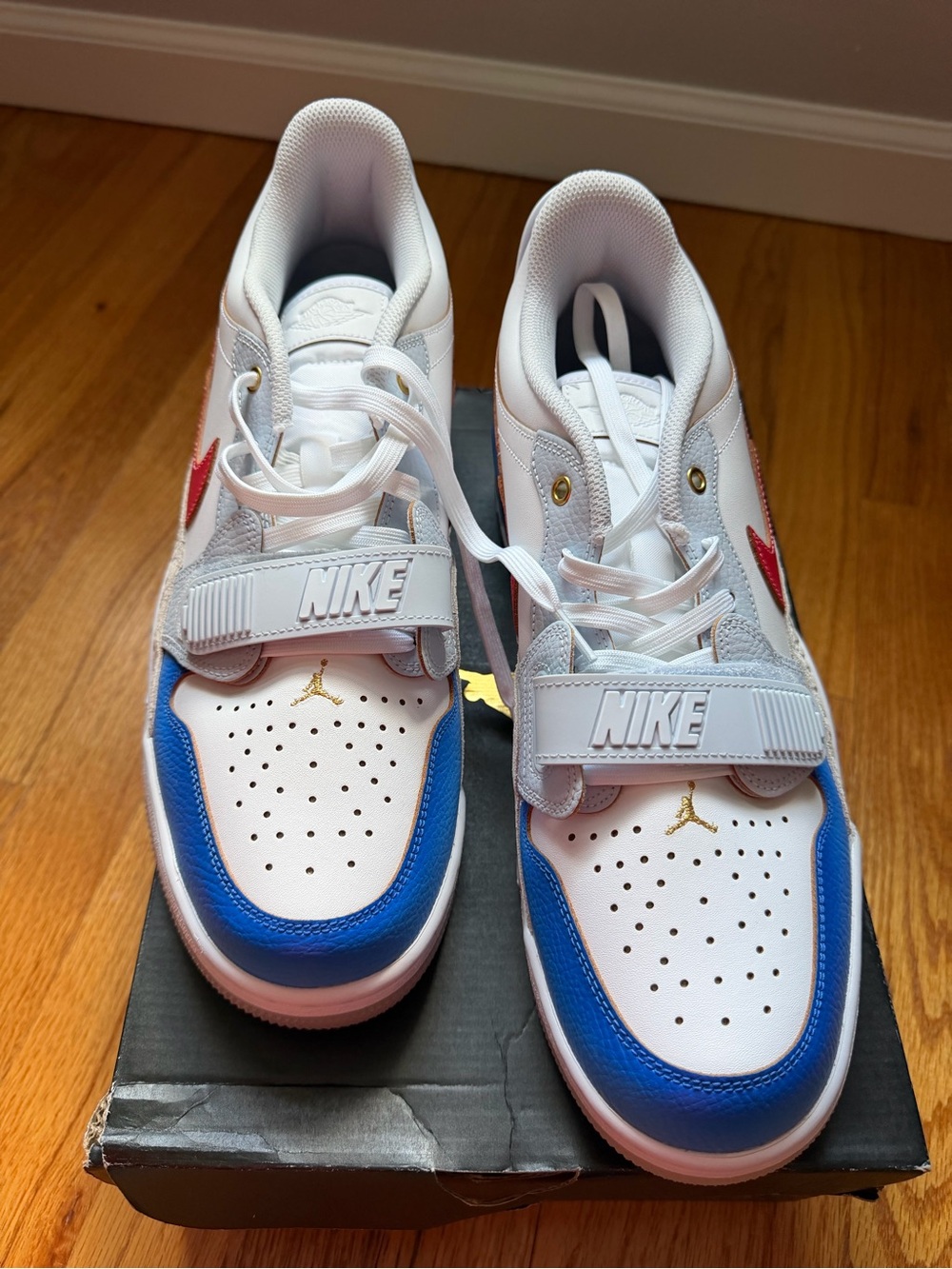 Men’s Nike Jordans White Blue Red Low-Top Sneakers with Gold Jump Man